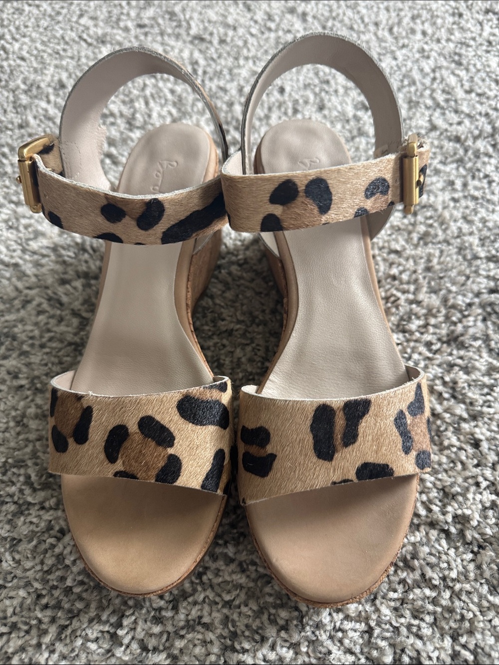 Boden Animal Print Pony Hair Two-Strap Sandals Gold Hardware